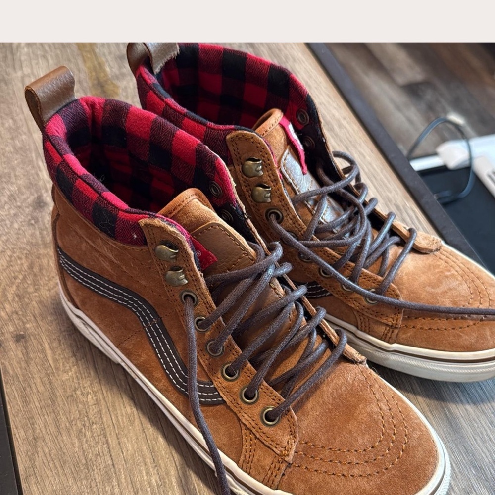 Vans Brown and Red Sneakers with Plaid Accents